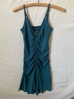 New Nomads Hemp Wear Teal Ruched Mini Dress with V-Neck - Small